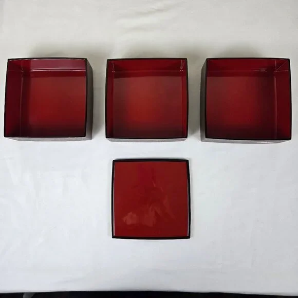 Japanese Jubako Stacked Box Brown w/Red Lacquer Interior Bunnies and Flowers